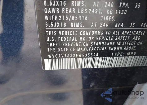 2015 Volkswagen Tiguan S from USA, damaged, VIN WVGAV7AX2FW535598